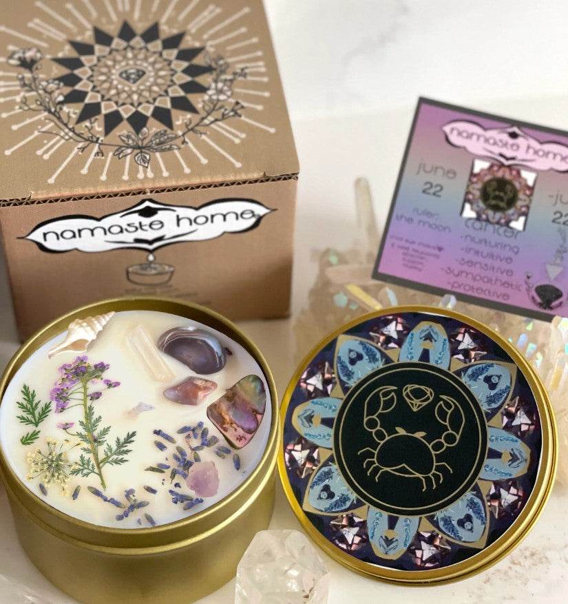8oz. Cancer Candle, Cancer Zodiac Gift, Astrology Candle, Handmade Candle with Lavender Buds, Rose Petals + Crystals