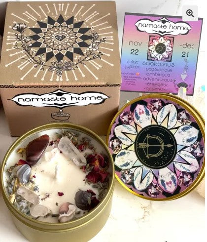 8oz. Sagittarius Candle, Sagittarius Zodiac Candle, Christmas, Birthday, Stocking Stuffer, Gift, Handmade Candle with Petals, Buds, Crystals