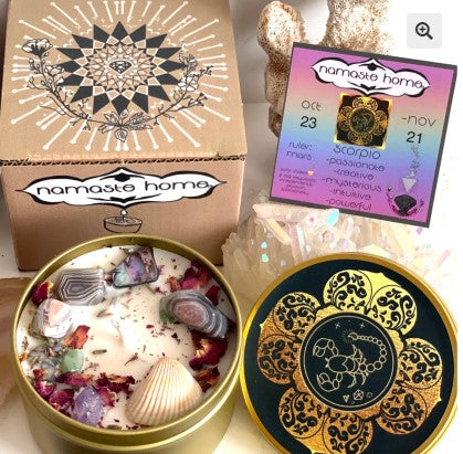 8oz. Scorpio Candle, Scorpio Gift, Zodiac Candle, Astrology Gift, Handmade Candle with Rose Petals, Lavender Buds + Crystals, Eco Gift
