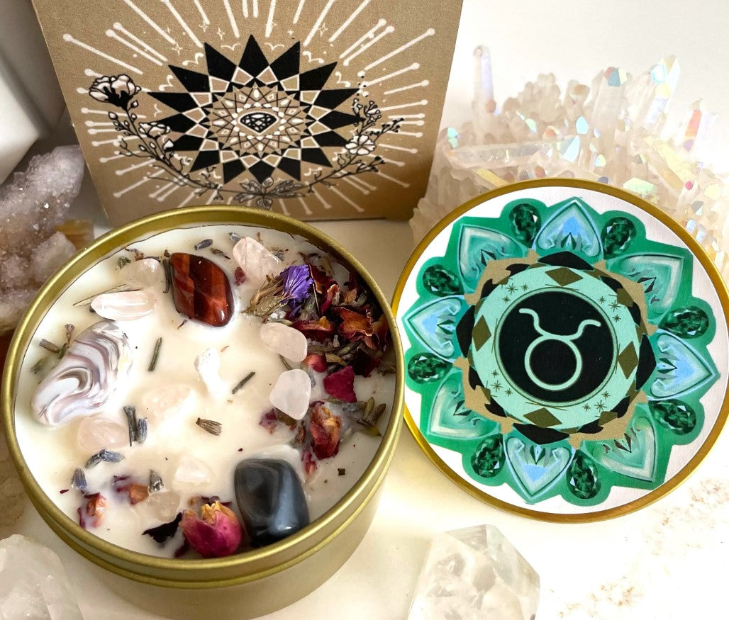 8oz. Taurus Candle, Taurus Gift, Zodiac Candle, Handmade Candle with Rose Petals, Lavender Buds and Crystals, Mother, Daughter, Friend Gift